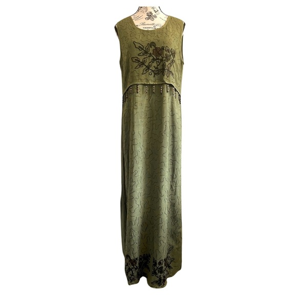 90s Del Sol Olive Green Boho Maxi Dress with Beaded Fringe – M - Picture 1 of 7